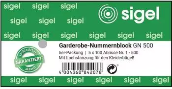 sigel Garderobe-Nummernblock 1-500, 105x50mm, farbig sortiert (GN500)