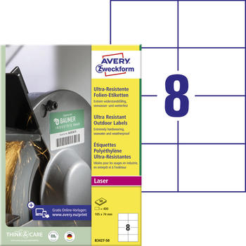 Avery Zweckform B3427-50 Ultra-Resistente Folien-Etiketten, 105 x 74 mm, 50 Bogen/400 Etiketten, weiß