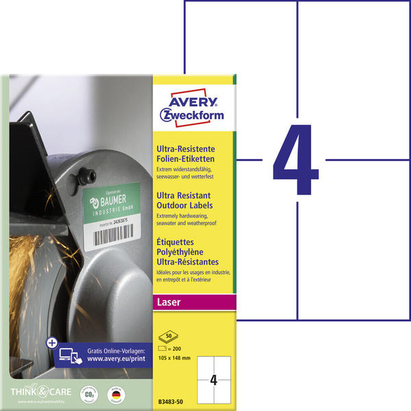 Avery Zweckform B3483-50 Ultra-Resistente Folien-Etiketten, 105 x 148 mm, 50 Bogen/200 Etiketten, weiß