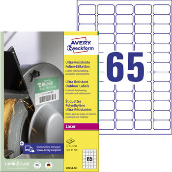 Avery Zweckform B7651-50 Ultra-Resistente Folien-Etiketten, 38 x 21 mm, 50 Bogen/3.250 Etiketten, weiß