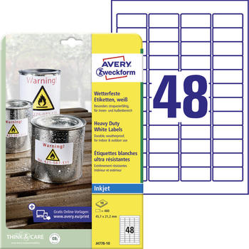 Avery Zweckform J4778-10 Wetterfeste Folien-Etiketten, 45,7 x 21,2 mm, 10 Bogen/480 Etiketten, weiß
