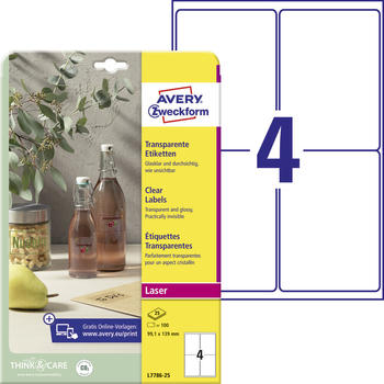 Avery Zweckform L7786-25 Transparente Etiketten, A4, 99,1 x 139 mm, 25 Bogen/100 Etiketten, transparent