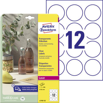 Avery Zweckform L7787-25 Transparente Etiketten, A4, &Oslash; 60 mm, 25 Bogen/300 Etiketten, transparent