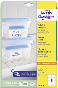 Avery Zweckform L7976-25 Tiefkühl-Etiketten, 99,1 x 67,7 mm, kälteresistentes Papier, 25 Bogen/200 Etiketten, weiß