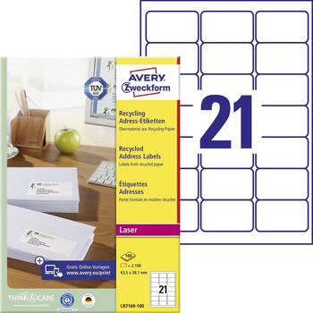 Avery Zweckform LR7160-100 Recycling Adress-Etiketten, A4, 63,5 x 38,1 mm, 100 Bogen/2.100 Etiketten, naturweiß