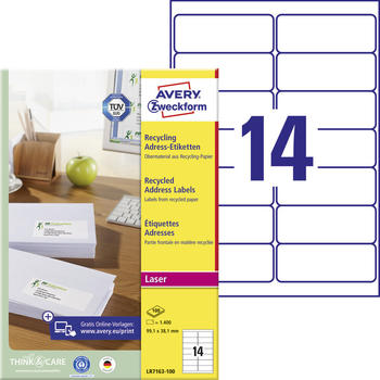 Avery Zweckform LR7163-100 Recycling Adress-Etiketten, A4, 99,1 x 38,1 mm, 100 Bogen/1.400 Etiketten, naturweiß
