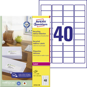 Avery Zweckform LR7654-100 Recycling Adress-Etiketten, A4, 45,7 x 25,4 mm, 100 Bogen/4.000 Etiketten, naturweiß