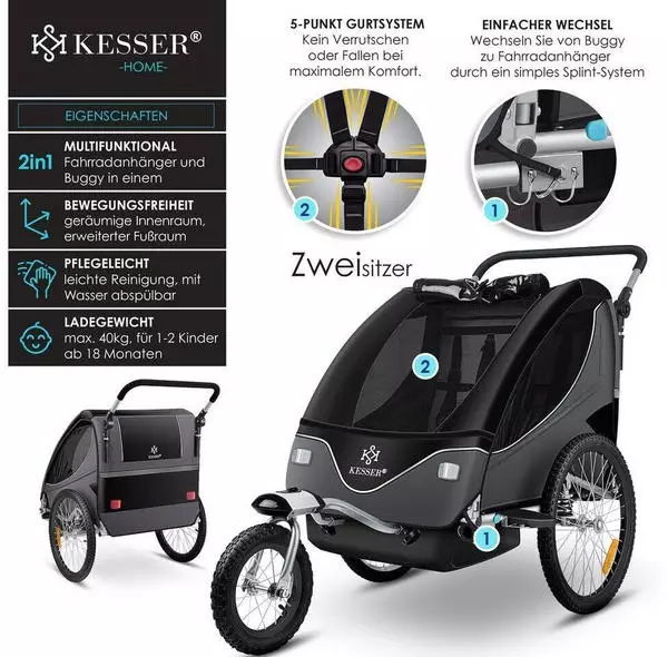 Kesser Kinderfahrradanhänger 360° Drehbar mit Feder schwarz