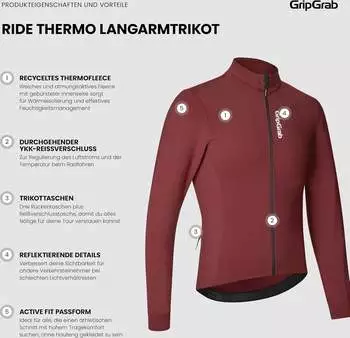 GripGrab Ride Thermal Langarmtrikot dunkelrot – GripGrab Ride Thermal Langarmtrikot dunkelrot für anspruchsvolle Herbst- und Winterfahrten