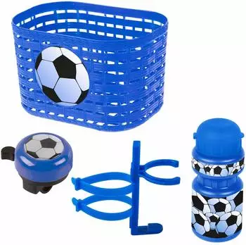 Ventura Soccer Kinder-Fahrrad-Zubehör-Set Korb, Klingel, Trinkflasche, blau (650041)