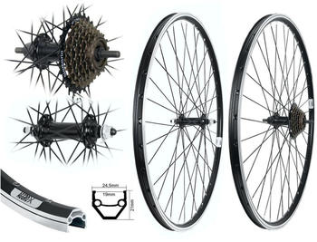 Aggro-X 26 Zoll Laufrad Set schwarz Vorderrad Hinterrad Felge Hohlkammer V-Profil + 7-Fach Shimano Kranz