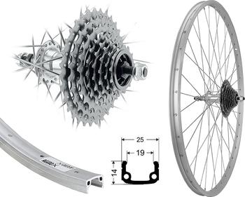 Aggro-X 28 Zoll Alu Hinterrad 19-622 Silber Laufrad V-Brake Felgenbremse inkl. 8 Fach Zahnkranz 24 Gang