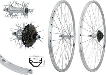 Aggro-X 28 Zoll Laufradsatz Hinterrad+Vorderrad Silber Hohlkammer 19-622 + 7-Fach Shimano Zahnkranz