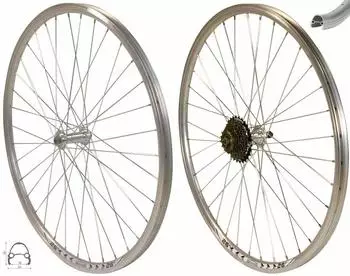 Redondo 26 Zoll Laufrad Set HR + VR Hohlkammer Felge QR Silber + 7 fach Kranz