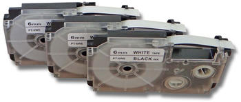 vhbw 3x Schriftband 6mm kompatibel mit Casio KL-7000, KL-70E, KL-7400, KL-750E, KL-780, KL-8100, KL-820