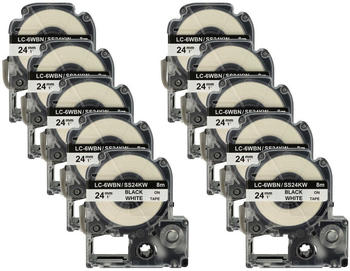 vhbw 10x Schriftband-Kassette kompatibel mit Epson LabelWorks LW-1000P, LW-600P, LW-400 24mm Schwarz auf Weiß