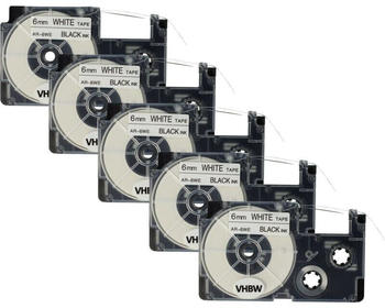 vhbw 5x Schriftband-Kassette kompatibel mit Casio KL-G2, KL-750E, KL-780, KL-820, KL-8100 6mm Schwarz auf Weiß