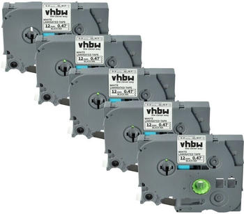 vhbw 5x Schriftband-Kassette kompatibel mit Brother PT H107B, H108, H108GT, H300, H110BK 12mm Schwarz auf Weiß