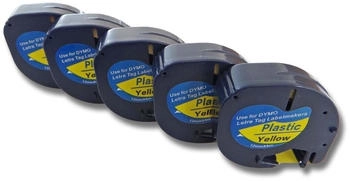 vhbw 5x Schriftband-Kassette kompatibel mit Dymo LetraTag Plus LT-100H, LT-100T, XM, 2000 Etiketten-Drucker 12mm Schwarz auf Gelb (122686248-1)