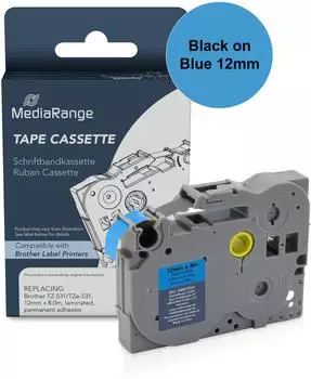 MediaRange Schriftband 12mm x 8m, schwarz auf blau (MRBTZ531)