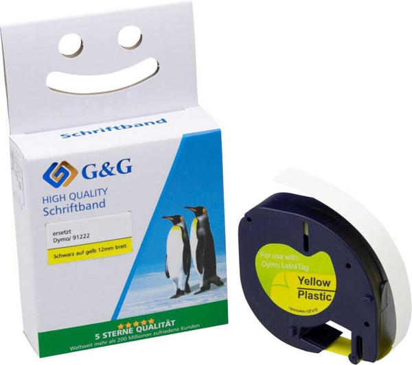 G&G Printing G&G Schriftbandkassette Kompatibel mit Dymo S0721670/ 91222 Schwarz auf Gelb 12mm x 4m