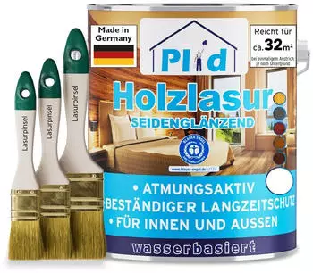Plid Holzlasur Innen & Außen Weiß 2,5L + Lasurpinselset 3-tlg. (4304)