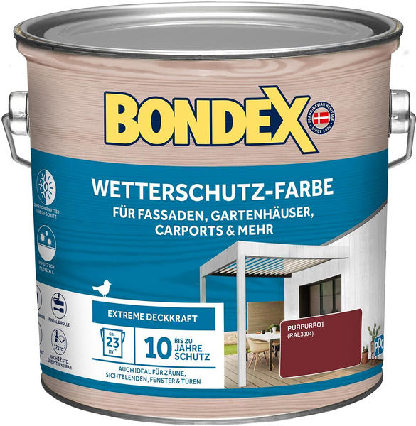 Bondex Wetterschutzfarbe für Fassaden, Gartenhäuser, Carports und mehr purpurrot 2,5l