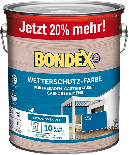 Bondex Wetterschutz-Farbe für Fassaden, Gartenhäuser, Carports und mehr Azurblau 3l