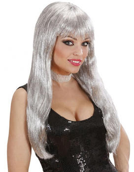 Widmann Glitzer Langhaar Perücke silber mit Pony Damen silber