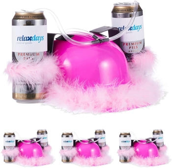 Relaxdays Bierhelm Helm Schlauch Dosen rosa Federn