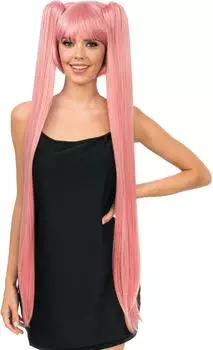 Chaks Cosplay Perücke mit Pony, zwei lange Zöpfe, 99 cm (C4705-04) rosa