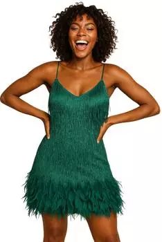 MIMIKRY Fransenkleid mit Federn Pfau Disco-Outfit 70s Charleston Minikleid (5900) grün
