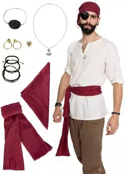 Maskworld Piraten-Kostüm Set mit Augenklappe, Kopftuch und Goldklunker gold/rot/schwarz