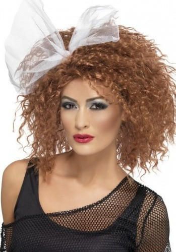 Smiffy's 80s curly brown adult wig with white ribbon