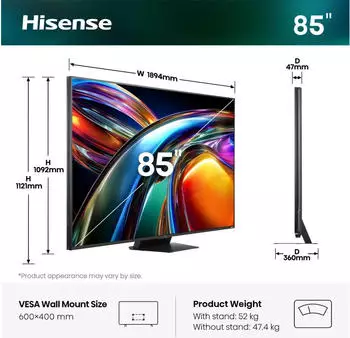 Hisense 85UR9S (85 Zoll) – Hisense 85UR9S (85 Zoll) verbindet Heimkino-Größe mit moderner Anschlussvielfalt