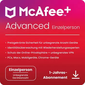 McAfee McAfee+ Advanced Individual, unbegrenzte Geräte, 1 Jahr, Download (MPA31MNRURDDD)