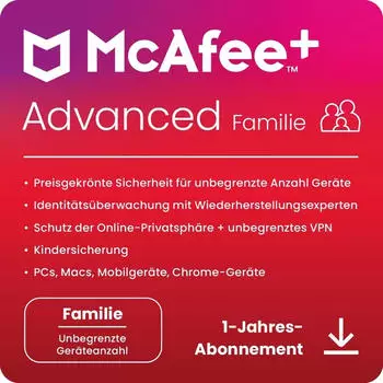 McAfee Plus Advanced Family, unbegrenzte Geräte, 1 Jahr (MPA31MNRURDACD)