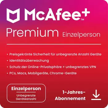 McAfee McAfee+ Premium Individual Security, 1 Benutzer, unbegrenzte Geräte, 1 Jahr (MPP31MNRURFYD)