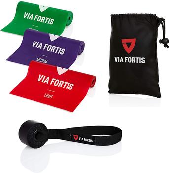 VIA FORTIS Fitnessbänder Set inkl. Türanker und Tasche - 3 Fitnessbänder in verschiedenen Stärken für Yoga, Muskelaufbau, Gymnastik, Reha UVM.