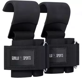 Gorilla Sports Zughilfen mit Stahl-Haken, 7mm Neopren gepolstert, 2er-Set, schwarz/weiß