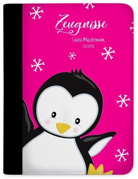 CreaDesign Zeugnismappe/Dokumentemappe mit 10 Klarsichthüllen, personalisiert mit Namen (26,7x32,7x1cm) Pinguin Pink