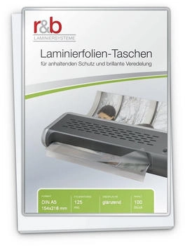 r&b Laminierfolien A5 (154 x 216 mm), 2 x 125 mic, glänzend, mit selbstkl. Rückseite (100 Stück)