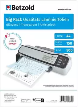 Betzold Laminierfolien A4 150mic gl&auml;nzend, 500 St&uuml;ck (9448)