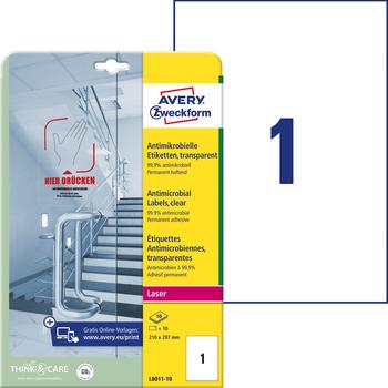 Avery-Zweckform L8011-10 Antimikrobielle Etiketten 210 x 297mm Polyester-Folie Transparent 10 St. Pe