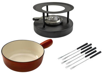 Kuhn Rikon Käsefondue Set Caquelon Induktion Guss Ø 20 cm rot, 6 Gabeln, Rechaud black