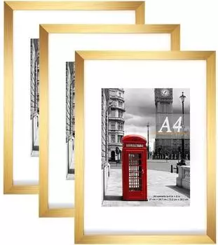 LuxusKollektion Bilderrahmen A4 mit Passepartout, gold, 3er-Set, Kunststoff (A4-3P)