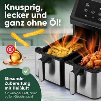 ProfiCook Heißluftfritteuse 9L, Zeitgleich-fertig-System, 2 Kammern, Antihaft – ProfiCook Heißluftfritteuse 9L, Zeitgleich-fertig-System, 2 Kammern, Antihaft für gesunden Genuss