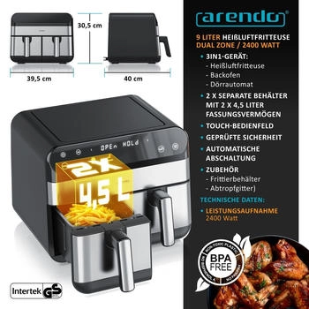 Arendo Dual Zone Airfryer 9L 2400W - 307062 – Arendo Dual Zone Airfryer 9L 2400W - 307062 für maximale Flexibilität in der Küche