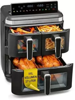 GOURMETmaxx FryUp3 3-Kammer-Heißluftfritteuse mit Sichfenstern 17l 3000W schwarz