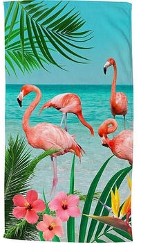 Good Morning Polyvelours Strandtuch Flamingo bunt/blau/rose/gruen 100x180 cm